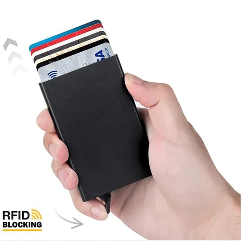 Tenká kovová peněženka s RFID blokováním, minimalistický vyskakovací design pro muže a ženy, černá