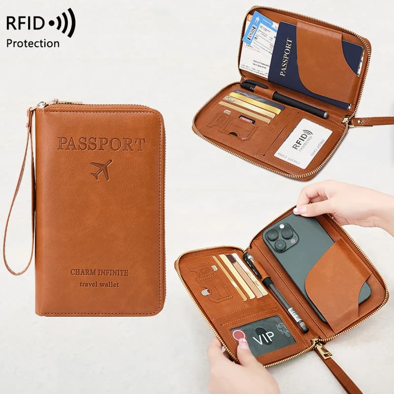 Pouzdro na pas s RFID blokováním, cestovní peněženka, pouzdro na jízdenky, pouzdro na kreditní karty, multifunkční peněženka na zip s poutkem na zápěstí, módní