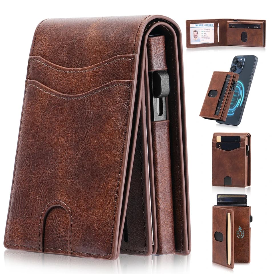 Pánská kožená peněženka s dvojitým skládáním a RFID blokováním, s vyskakovacím pouzdrem na karty, hliníkové pouzdro s magnetickým zapínáním