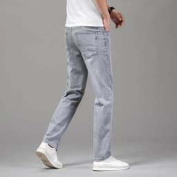 Pánské elastické džíny šedé rovné stretch bavlna casual kalhoty letní pohodlné - náhled 3