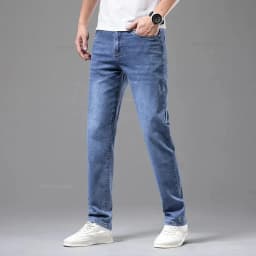 Pánské elastické džíny šedé rovné stretch bavlna casual kalhoty letní pohodlné - náhled 7