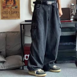 Pánské široké cargo džíny černé baggy kalhoty streetwear hip hop denim módní volné - náhled 3