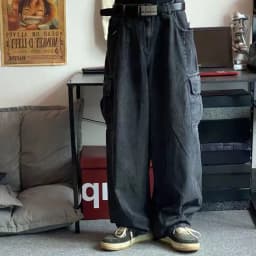 Pánské široké cargo džíny černé baggy kalhoty streetwear hip hop denim módní volné - náhled 2