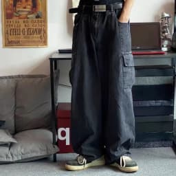 Pánské široké cargo džíny černé baggy kalhoty streetwear hip hop denim módní volné - náhled 4