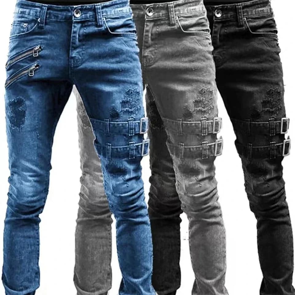 Pánské slim džíny s rozparky retro moto biker styl streetwear cargo kalhoty elastické