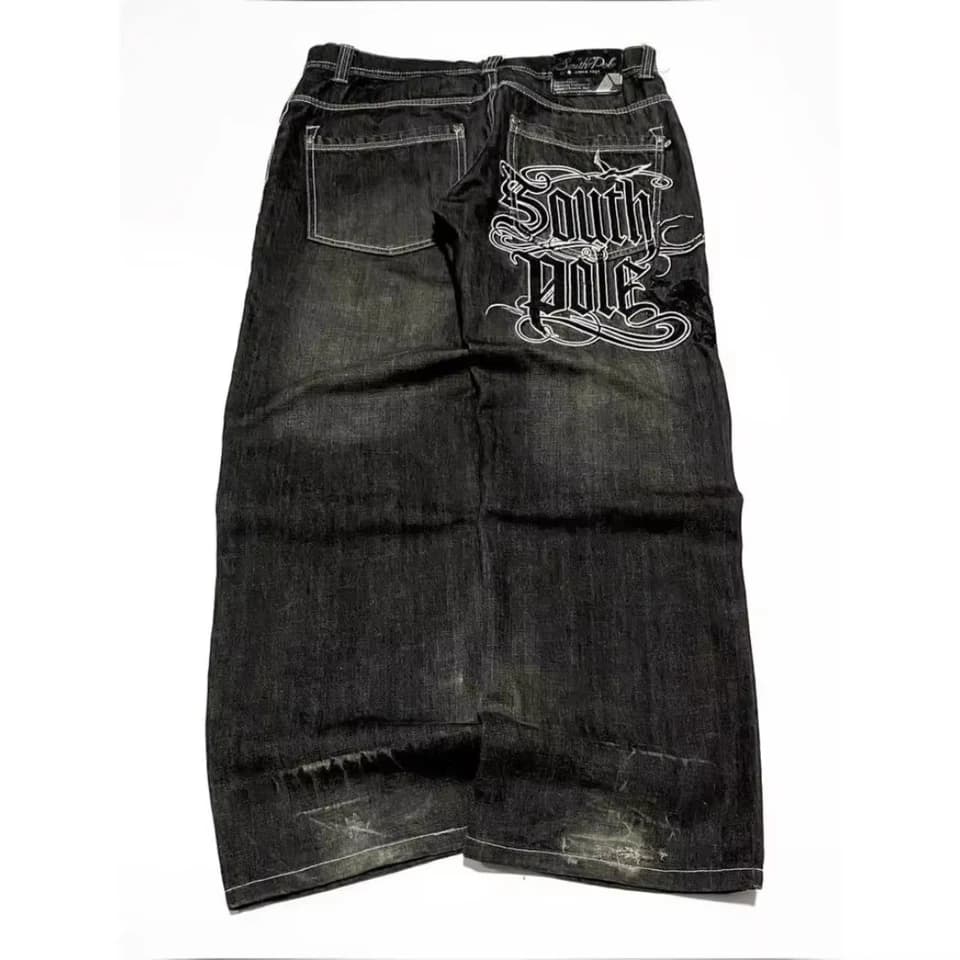 Volné široké džíny s výšivkou písmen Y2K styl hip hop unisex baggy kalhoty oversize