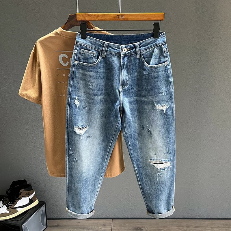 Pánské trhané džíny modré vintage baggy streetwear denim kalhoty casual
