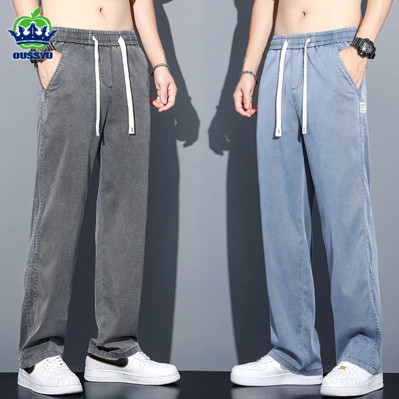 Letní tenké džíny pánské volné rovné široké nohavice elastický pas casual kalhoty M-5XL