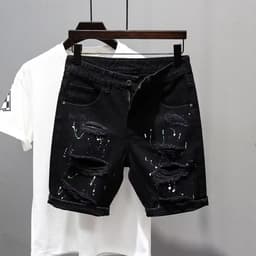 Pánské džínové šortky letní casual rovné s potrhaným efektem černé kraťasy denim - náhled 2