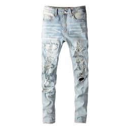 Pánské slim džíny s dírami a záplatami světle modré skinny kalhoty streetwear - náhled 2
