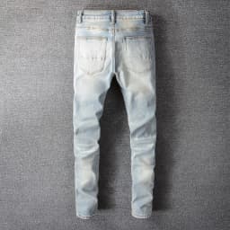 Pánské slim džíny s dírami a záplatami světle modré skinny kalhoty streetwear - náhled 3