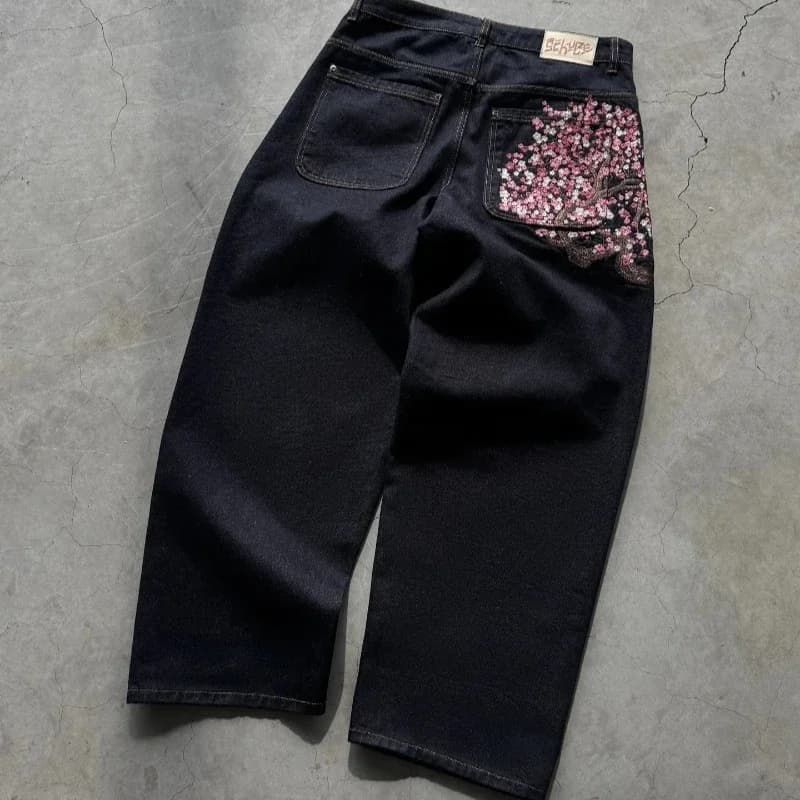 Široké džíny s výšivkou sakura unisex vintage baggy kalhoty streetwear denim