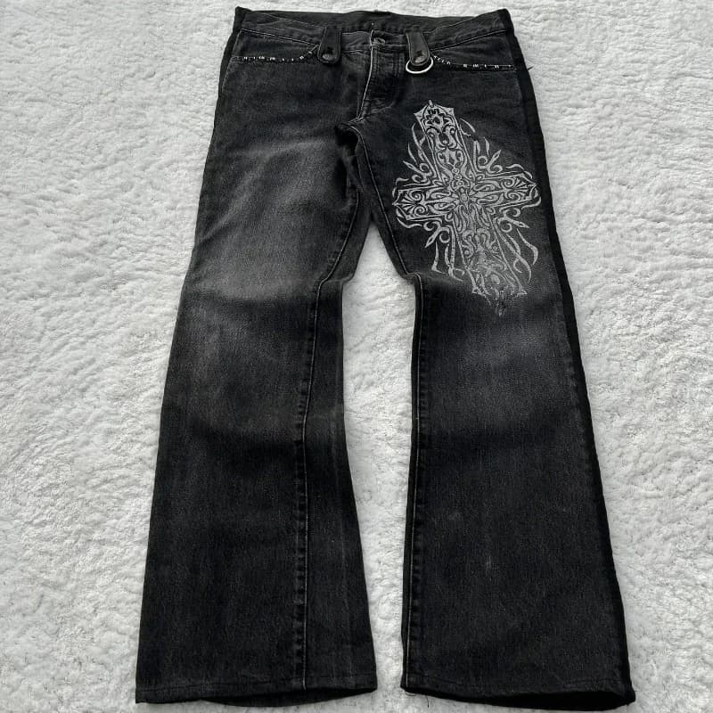 Černé vintage džíny s koženkové detaily unisex retro kalhoty streetwear styl