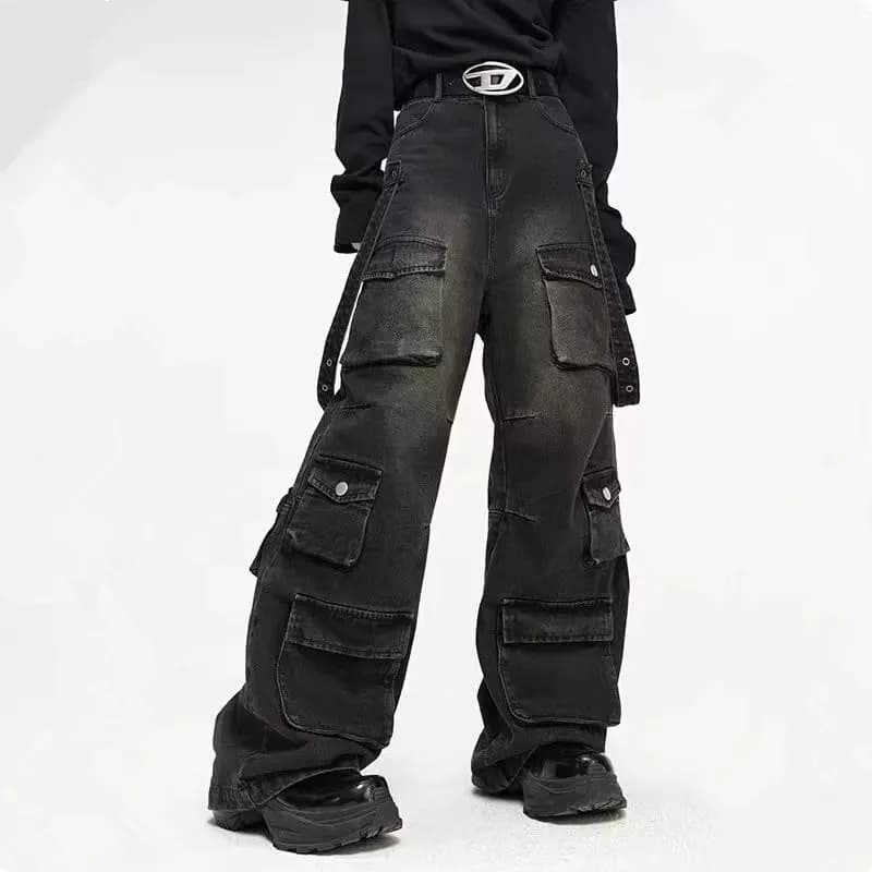 Vintage baggy cargo džíny s více kapsami pro muže a ženy - streetwear volné kalhoty denim
