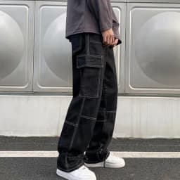 Pánské cargo džíny široké rovné baggy kalhoty streetwear hip hop styl denim černé béžové - náhled 2
