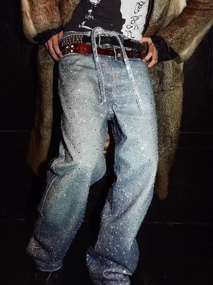 Pánské a dámské baggy džíny s kamínky - volné modré denim kalhoty streetwear styl