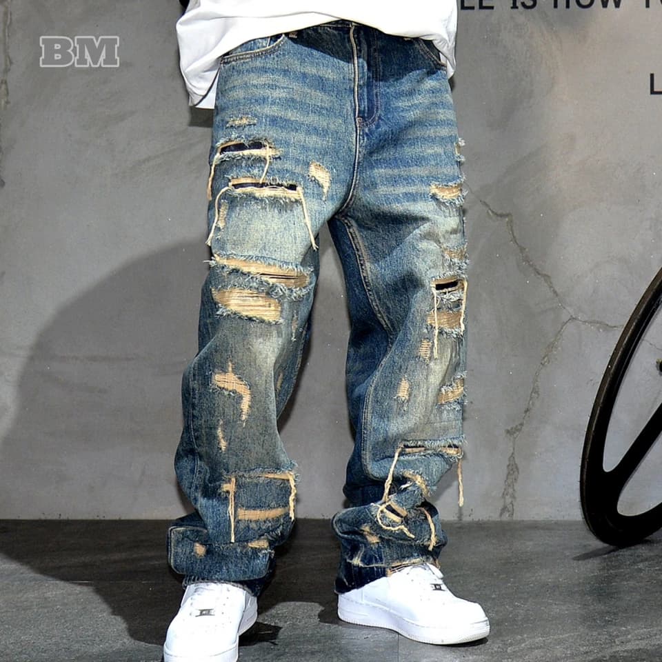 Pánské trhané baggy džíny přímé streetwear kalhoty oversized denim módní urban styl