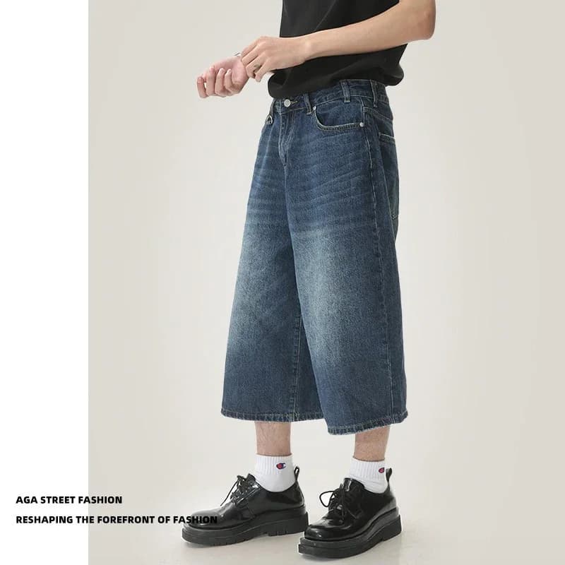 Pánské džínové kraťasy široké retro modré denim casual letní kalhoty po lýtka