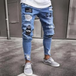 Pánské skinny džíny s dírami a patchworkem - štíhlé rifľové kalhoty streetwear styl - náhled 4