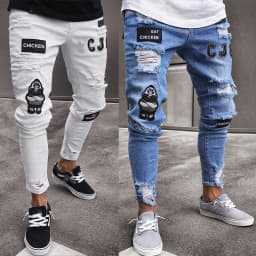 Pánské skinny džíny s dírami a patchworkem - štíhlé rifľové kalhoty streetwear styl - náhled 5
