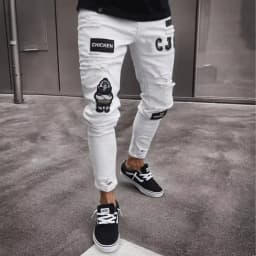 Pánské skinny džíny s dírami a patchworkem - štíhlé rifľové kalhoty streetwear styl - náhled 3