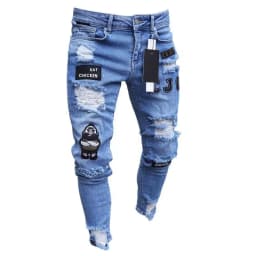 Pánské skinny džíny s dírami a patchworkem - štíhlé rifľové kalhoty streetwear styl - náhled 6