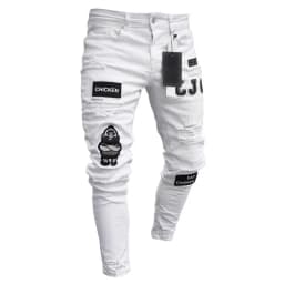 Pánské skinny džíny s dírami a patchworkem - štíhlé rifľové kalhoty streetwear styl - náhled 7