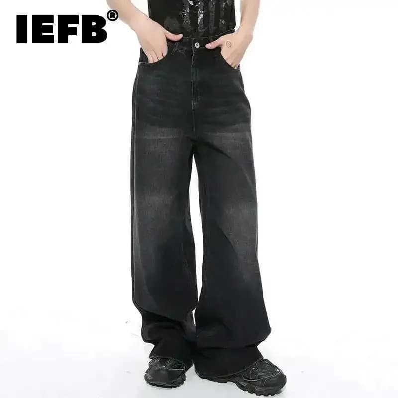 Pánské vintage džíny s gradientem - široké nohavice s kapsami retro styl denim kalhoty
