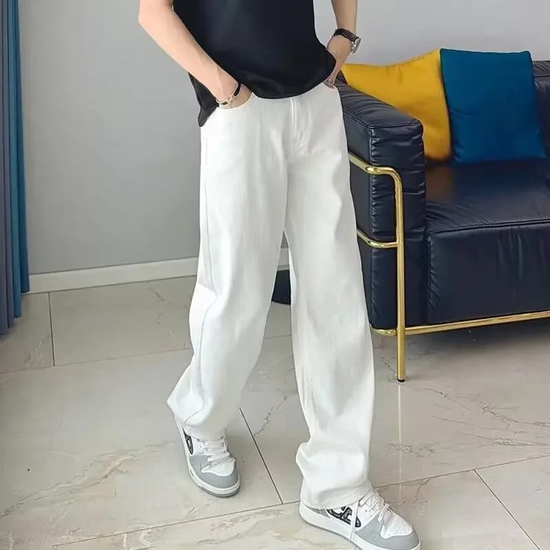 Pánské bílé džíny volný střih rovné nohy casual kalhoty podzimní móda streetwear