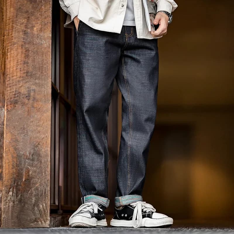 Pánské vintage džíny selvedge raw denim bavlna rovný střih těžká hmotnost modré kalhoty
