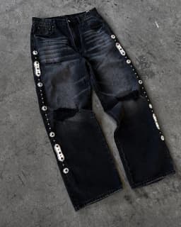 Vintage černé džíny s kamínky široké nohavice unisex ripped denim kalhoty streetwear - náhled 2
