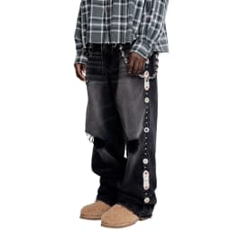 Vintage černé džíny s kamínky široké nohavice unisex ripped denim kalhoty streetwear - náhled 6