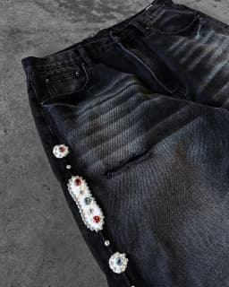 Vintage černé džíny s kamínky široké nohavice unisex ripped denim kalhoty streetwear - náhled 3