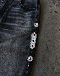 Vintage černé džíny s kamínky široké nohavice unisex ripped denim kalhoty streetwear - náhled 4