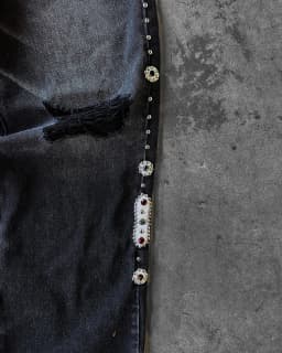 Vintage černé džíny s kamínky široké nohavice unisex ripped denim kalhoty streetwear - náhled 5
