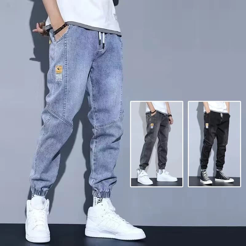 Pánské elastické džíny harémové střihu s úzkými nohavicami cargo joggers denimové kalhoty