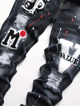 Pánské trhané džíny Y2K slim fit s elastickým pasem a potiskem - módní kalhoty - náhled 3