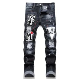 Pánské trhané džíny Y2K slim fit s elastickým pasem a potiskem - módní kalhoty - náhled 2