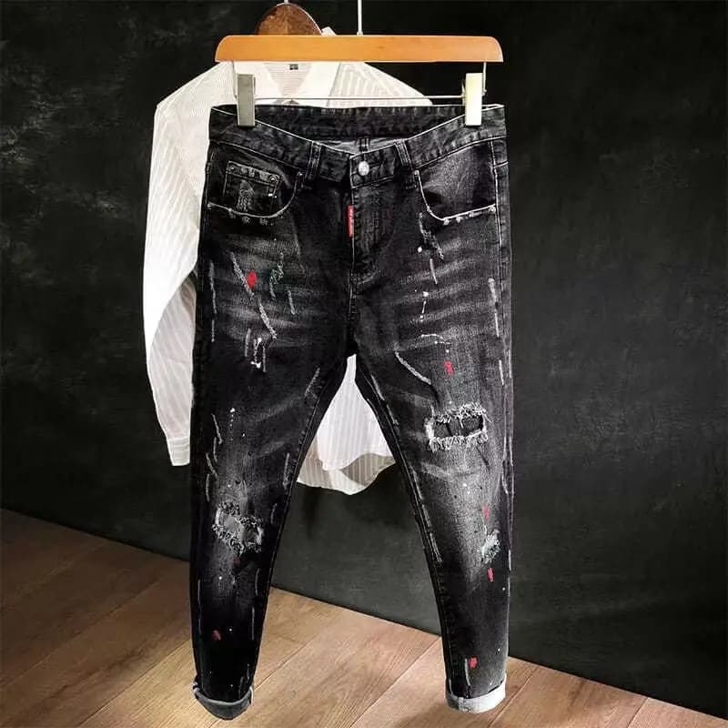 Pánské černé slim džíny s děrami - moderní denim kalhoty v hip hop stylu 2023