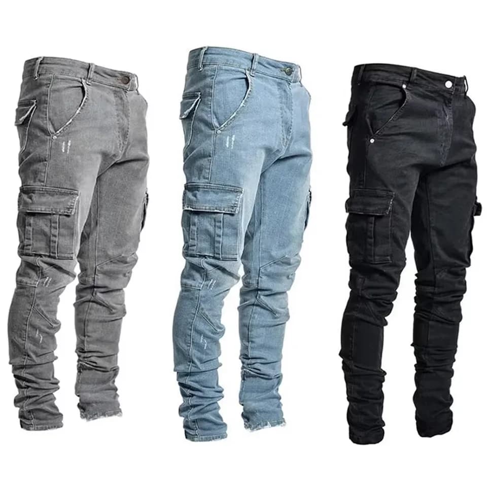 Pánské slim džíny s kapsami - elastické casual denim kalhoty střední pas