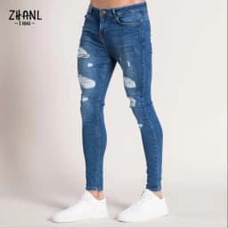 Pánské bílé skinny džíny s trhaným efektem streetwear vintage casual slim fit kalhoty - náhled 4