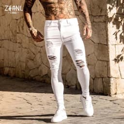 Pánské bílé skinny džíny s trhaným efektem streetwear vintage casual slim fit kalhoty - náhled 2