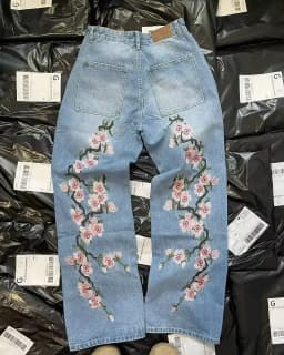 Gotické džíny s výšivkou sakury Y2K streetwear wide leg unisex hip hop móda - náhled 4