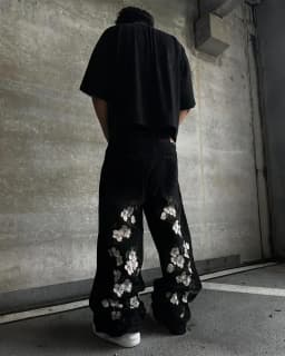 Gotické džíny s výšivkou sakury Y2K streetwear wide leg unisex hip hop móda - náhled 6