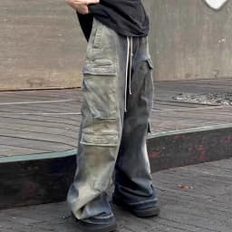 Pánské baggy džíny s kapsami a šňůrkami - streetwear cargo kalhoty oversized denim - náhled 2