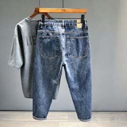 Pánské vintage džíny modré zúžené kalhoty streetwear denim oblečení vysoká kvalita - náhled 3