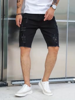 Pánské džínové kraťasy roztrhané letní slim fit černé denim šortky streetwear móda - náhled 6
