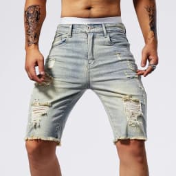 Pánské džínové kraťasy roztrhané letní slim fit černé denim šortky streetwear móda - náhled 3