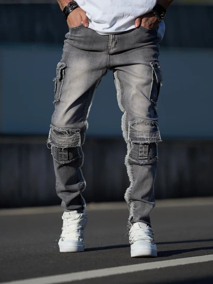 Pánské slim cargo džíny s kapsami - stylové denimové kalhoty streetwear casual