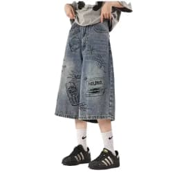 Pánské volné trhané džíny 7/8 délka letní vintage streetwear denim kalhoty - náhled 6